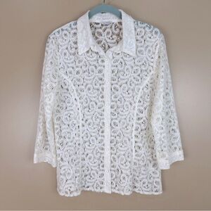 Erin London Cream Lace 3/4 Sleeve Button Up Shirt Blouse Medium Coastal Cowgirl
